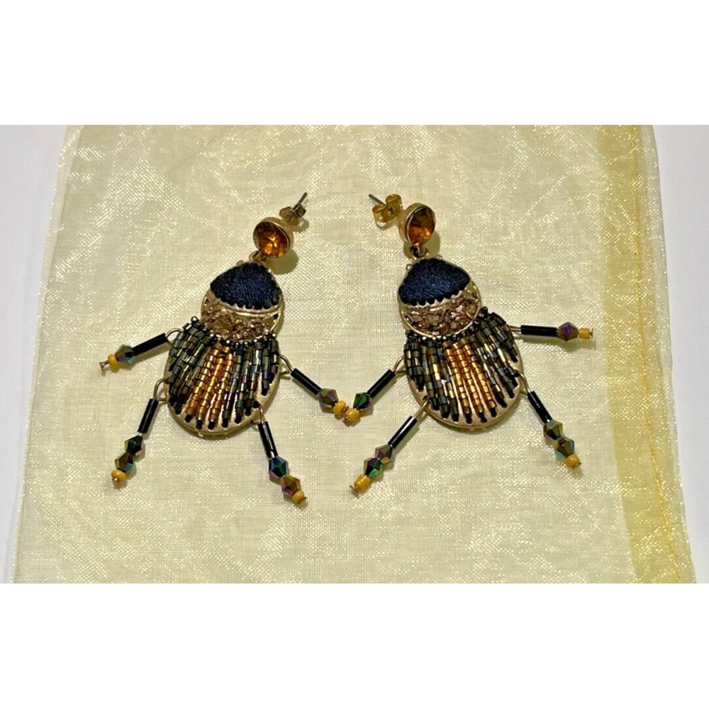 Woven and Beaded Gold Tone Bug Dangle Drop Pierced Earrings Design beads beetle